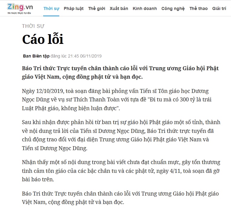Báo Zing cáo lỗi vì 
